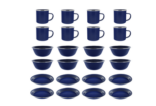 Camping Dinnerware 8-Person Set, 24 Items- 8 ea of 24 oz Mugs, 6" Bowls & 10" Plates Metal w/ Blue Enamel Finish