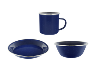 Camping Dinnerware 8-Person Set, 24 Items- 8 ea of 24 oz Mugs, 6" Bowls & 10" Plates Metal w/ Blue Enamel Finish
