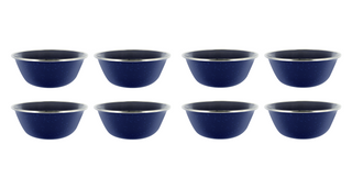 Camping Dinnerware 8-Person Set, 24 Items- 8 ea of 24 oz Mugs, 6" Bowls & 10" Plates Metal w/ Blue Enamel Finish