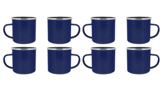 Camping Dinnerware 8-Person Set, 24 Items- 8 ea of 24 oz Mugs, 6" Bowls & 10" Plates Metal w/ Blue Enamel Finish