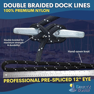 5/8" x 20' Black - (2 Pack) - REFLECTIVE Double Braided Nylon Dock Line - For Boats up to 45' - Long Lasting Mooring Rope - Strong Nylon Dock Ropes for Boats - Marine Grade Sailboat Docking Rope