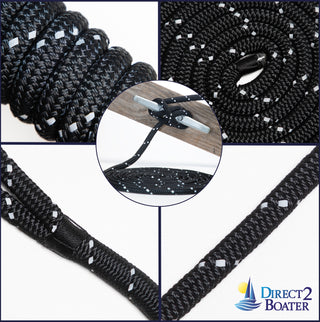 5/8" x 20' Black - (2 Pack) - REFLECTIVE Double Braided Nylon Dock Line - For Boats up to 45' - Long Lasting Mooring Rope - Strong Nylon Dock Ropes for Boats - Marine Grade Sailboat Docking Rope