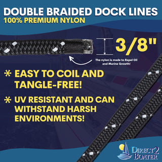 3/8" x 20' Black - (2 Pack) - REFLECTIVE Double Braided Nylon Dock Line - For Boats up to 25' - Long Lasting Mooring Rope - Strong Nylon Dock Ropes for Boats - Marine Grade Sailboat Docking Rope