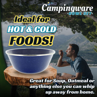 6" Enamel Camping Bowl - 4 Pack Metal Camping Bowl with Blue Enamel Finish - For Camping, Hiking & Picnics