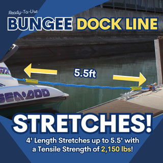 4' Bungee Dock Line - Blue - (2 Pack) - Stretches to 5.5' - Ideal for Boats, Jet Ski, Dinghy & Pontoon up to 4000#