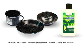 Camping Dinnerware Set with Camp Soap - 1-Person Set, 4 Items - 16 oz Mug, 7.5" Bowl & 10" Plate Metal w/ Black Enamel Finish
