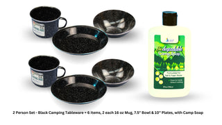 Camping Dinnerware Set with Camp Soap - 2-Person Set, 7 Items - 2 ea of 16 oz Mugs, 7.5" Bowls & 10" Plates Metal w/ Black Enamel Finish