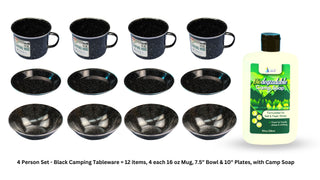Camping Dinnerware Set with Camp Soap - 4-Person Set, 13 Items - 4 ea of 16 oz Mugs, 7.5" Bowls & 10" Plates Metal w/ Black Enamel Finish