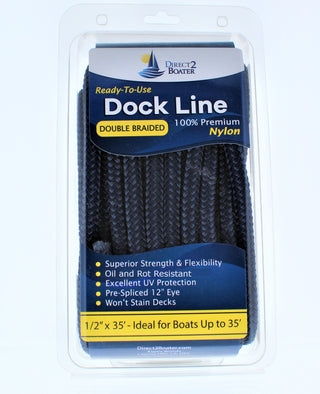 1/2" x 35' - Dark Navy Double Braided 100% Premium Nylon Dock Line - For Boats Up to 35' - Long Lasting Mooring Rope - Strong Nylon Dock Ropes for Boats - Marine Grade Sailboat Docking Rope