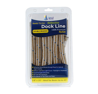 5/8" x 20' Gold/White REFLECTIVE Double Braided Nylon Dock Line - For Boats up to 45' - Long Lasting Mooring Rope - Strong Nylon Dock Ropes for Boats - Marine Grade Sailboat Docking Rope