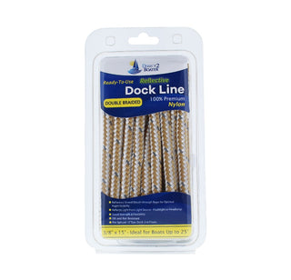 3/8" x 15' Gold/White - (2 Pack) - REFLECTIVE Double Braided Nylon Dock Line - For Boats up to 25' - Long Lasting Mooring Rope - Strong Nylon Dock Ropes for Boats - Marine Grade Sailboat Docking Rope