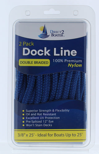 3/8" x 25' - Royal Blue (2 Pack) Double Braided 100% Premium Nylon Dock Line - For Boats up to 25' - Long Lasting Mooring Rope - Strong Nylon Dock Ropes for Boats - Marine Grade Sailboat Docking Rope