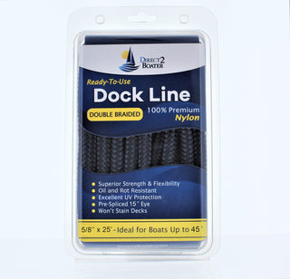 5/8" x 25' - Dark Navy Double Braided 100% Premium Nylon Dock Line - For Boats up to 45' - Long Lasting Mooring Rope - Strong Nylon Dock Ropes for Boats - Marine Grade Sailboat Docking Rope