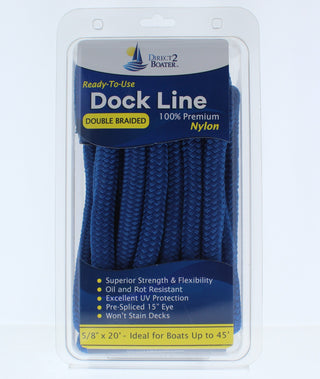 5/8" x 20' - Royal Blue Double Braided 100% Premium Nylon Dock Line - For Boats Up to 45' - Long Lasting Mooring Rope - Strong Nylon Dock Ropes for Boats - Marine Grade Sailboat Docking Rope
