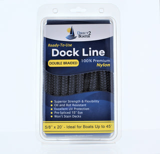 5/8" x 20' - Dark Navy (2 Pack) Double Braided 100% Premium Nylon Dock Line - For Boats Up to 45' - Long Lasting Mooring Rope - Strong Nylon Dock Ropes for Boats - Marine Grade Sailboat Docking Rope