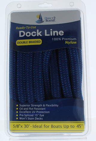 5/8" x 30' - Royal Blue Double Braided 100% Premium Nylon Dock Line - For Boats Up to 45' - Long Lasting Mooring Rope - Strong Nylon Dock Ropes for Boats - Marine Grade Sailboat Docking Rope