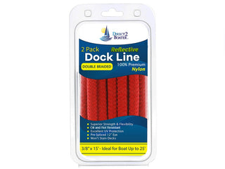 3/8" x 15' - Red - (2 Pack) - REFLECTIVE Double Braided Nylon Dock Line - For Boats Up to 25' - Long Lasting Mooring Rope - Strong Nylon Dock Ropes for Boats - Marine Grade Sailboat Docking Rope