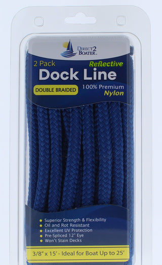 3/8" x 15' - Royal Blue (2 Pack) REFLECTIVE Double Braided Nylon Dock Line - For Boats Up to 25' - Long Lasting Mooring Line - Strong Nylon Dock Lines for Boats - Marine Grade Sailboat Docking Line