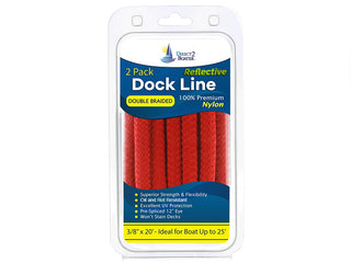 3/8" x 20' - Red - (2 Pack) - REFLECTIVE Double Braided Nylon Dock Line - For Boats Up to 25' - Long Lasting Mooring Rope - Strong Nylon Dock Ropes for Boats - Marine Grade Sailboat Docking Rope