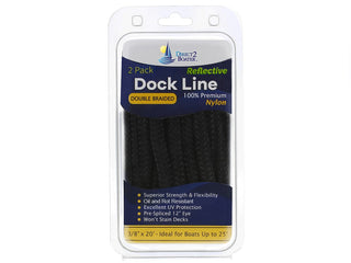 3/8" x 20' Black - (2 Pack) - REFLECTIVE Double Braided Nylon Dock Line - For Boats up to 25' - Long Lasting Mooring Rope - Strong Nylon Dock Ropes for Boats - Marine Grade Sailboat Docking Rope