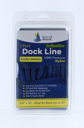 3/8" x 20' Royal Blue - (2 Pack) - REFLECTIVE Double Braided Nylon Dock Line - For Boats up to 25' - Long Lasting Mooring Rope - Strong Nylon Dock Ropes for Boats - Marine Grade Sailboat Docking Rope
