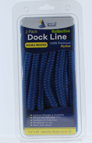 1/2" x 20' Royal Blue - (2 Pack) - REFLECTIVE Double Braided Nylon Dock Line - For Boats up to 35' - Long Lasting Mooring Rope - Strong Nylon Dock Ropes for Boats - Marine Grade Sailboat Docking Rope