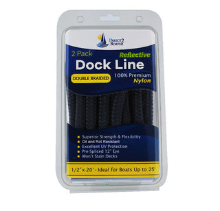 1/2" x 20' Dark Navy - (2 Pack) - REFLECTIVE Double Braided Nylon Dock Line - For Boats up to 35' - Long Lasting Mooring Rope - Strong Nylon Dock Ropes for Boats - Marine Grade Sailboat Docking Rope