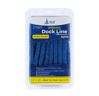 1/2" x 25' Marine Blue - (2 Pack) - REFLECTIVE Double Braided Nylon Dock Line - For Boats up to 35' - Long Lasting Mooring Rope - Strong Nylon Dock Ropes for Boats - Marine Grade Sailboat Docking Rope