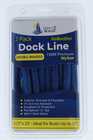 1/2" x 25' Royal Blue - (2 Pack) - REFLECTIVE Double Braided Nylon Dock Line - For Boats up to 35' - Long Lasting Mooring Rope - Strong Nylon Dock Ropes for Boats - Marine Grade Sailboat Docking Rope