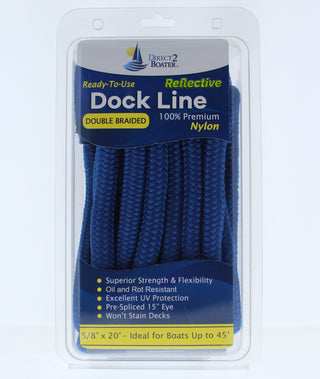 5/8" x 20' Royal Blue - REFLECTIVE Double Braided Nylon Dock Line - For Boats up to 45' - Long Lasting Mooring Rope - Strong Nylon Dock Ropes for Boats - Marine Grade Sailboat Docking Rope