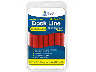 5/8" x 25' Red - REFLECTIVE Double Braided Nylon Dock Line - For Boats up to 45' - Long Lasting Mooring Rope - Strong Nylon Dock Ropes for Boats - Marine Grade Sailboat Docking Rope