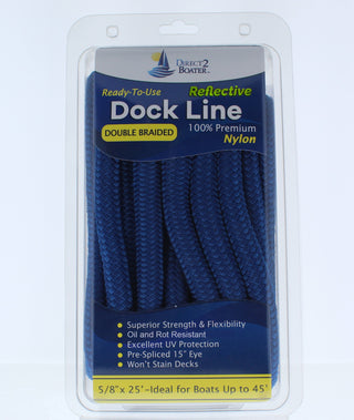 5/8" x 25' Royal Blue - REFLECTIVE Double Braided Nylon Dock Line - For Boats up to 45' - Long Lasting Mooring Rope - Strong Nylon Dock Ropes for Boats - Marine Grade Sailboat Docking Rope