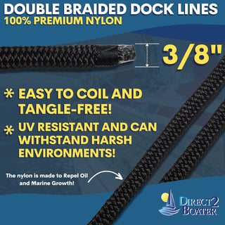DB-145 | 3/8" x 20' - Black Durable Double Braided Nylon Dock Line - For Boats up to 25'