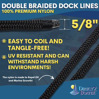 5/8" x 15' - Black Double Braided 100% Premium Nylon Dock Line - For Boats Up to 45' - Long Lasting Mooring Rope - Strong Nylon Dock Ropes for Boats - Marine Grade Sailboat Docking Rope