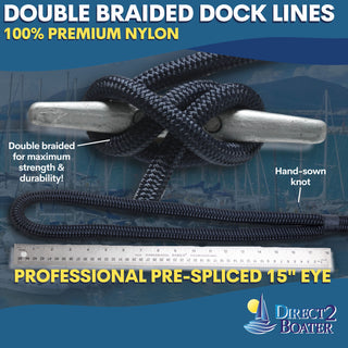 5/8" x 15' Dark Navy (2 Pack) Double Braided 100% Premium Nylon Dock Line - Boats Up to 45' - Long Lasting Mooring Rope - Strong Nylon Dock Ropes for Boats - Marine Grade Sailboat Docking Rope
