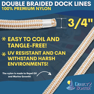 3/4" x 30' - Gold/White Double Braided 100% Premium Nylon Dock Line - For Boats Up to 55' - Long Lasting Mooring Rope - Strong Nylon Dock Ropes for Boats - Marine Grade Sailboat Docking Rope