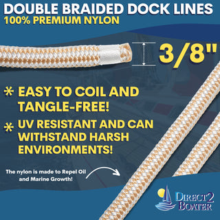 DB-159-2T | 3/8" x 20' Gold/White (2 Pack) Double Braided 100% Premium Nylon Dock Line - For Boats up to 25'
