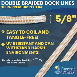 5/8" x 15' - Gold/White (2 Pack) Double Braided 100% Premium Nylon Dock Line - For Boats Up to 45' - Long Lasting Mooring Rope - Strong Nylon Dock Ropes for Boats - Marine Grade Sailboat Docking Rope