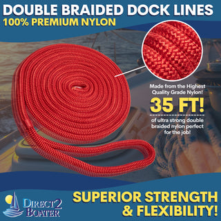 1/2" x 35' - Red (2 Pack) Double Braided 100% Premium Nylon Dock Line - For Boats Up to 35' - Long Lasting Mooring Rope - Strong Nylon Dock Ropes for Boats - Marine Grade Sailboat Docking Rope