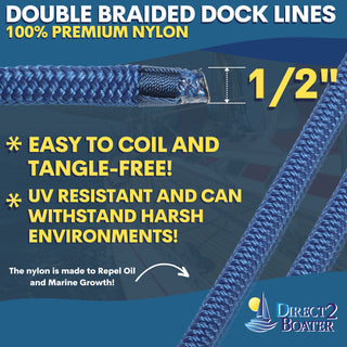 1/2" x 20' - Royal Blue (2 Pack) Double Braided 100% Premium Nylon Dock Line - For Boats up to 35' - Long Lasting Mooring Rope - Strong Nylon Dock Ropes for Boats - Marine Grade Sailboat Docking Rope