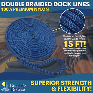 5/8" x 15' Royal Blue (2 Pack) Double Braided 100% Premium Nylon Dock Line - For Boats Up to 45' - Long Lasting Mooring Rope - Strong Nylon Dock Ropes for Boats - Marine Grade Sailboat Docking Rope