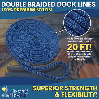 1/2" x 20' - Royal Blue (2 Pack) Double Braided 100% Premium Nylon Dock Line - For Boats up to 35' - Long Lasting Mooring Rope - Strong Nylon Dock Ropes for Boats - Marine Grade Sailboat Docking Rope