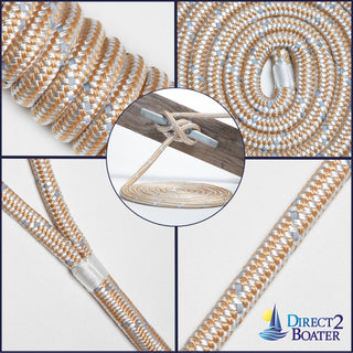 5/8" x 20' Gold/White REFLECTIVE Double Braided Nylon Dock Line - For Boats up to 45' - Long Lasting Mooring Rope - Strong Nylon Dock Ropes for Boats - Marine Grade Sailboat Docking Rope