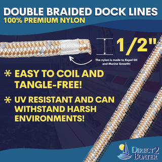 1/2" x 15' Gold/White - (2 Pack) - REFLECTIVE Double Braided Nylon Dock Line - For Boats up to 35' - Long Lasting Mooring Rope - Strong Nylon Dock Ropes for Boats - Marine Grade Sailboat Docking Rope