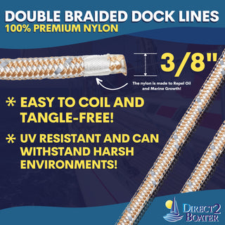 3/8" x 20' Gold/White - (2 Pack) - REFLECTIVE Double Braided Nylon Dock Line - For Boats up to 25' - Long Lasting Mooring Rope - Strong Nylon Dock Ropes for Boats - Marine Grade Sailboat Docking Rope