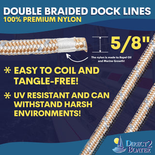 5/8" x 25' Gold/White REFLECTIVE Double Braided Nylon Dock Line - For Boats up to 45' - Long Lasting Mooring Rope - Strong Nylon Dock Ropes for Boats - Marine Grade Sailboat Docking Rope