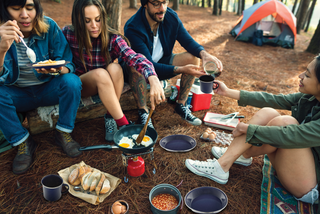 Camping Dinnerware 8-Person Set, 24 Items- 8 ea of 24 oz Mugs, 6" Bowls & 10" Plates Metal w/ Blue Enamel Finish