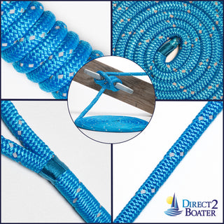 3/8" x 20' Marine Blue - (2 Pack) - REFLECTIVE Double Braided Nylon Dock Line - For Boats up to 25' - Long Lasting Mooring Rope - Strong Nylon Dock Ropes for Boats - Marine Grade Sailboat Docking Rope