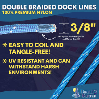 3/8" x 15' Marine Blue REFLECTIVE Double Braided  Nylon Dock Line - For Boats up to 25' - Long Lasting Mooring Rope - Strong Nylon Dock Ropes for Boats - Marine Grade Sailboat Docking Rope