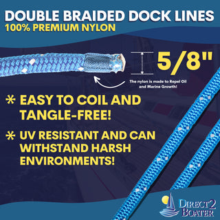 5/8" x 20' Marine Blue REFLECTIVE Double Braided Nylon Dock Line - For Boats up to 45' - Long Lasting Mooring Rope - Strong Nylon Dock Ropes for Boats - Marine Grade Sailboat Docking Rope
